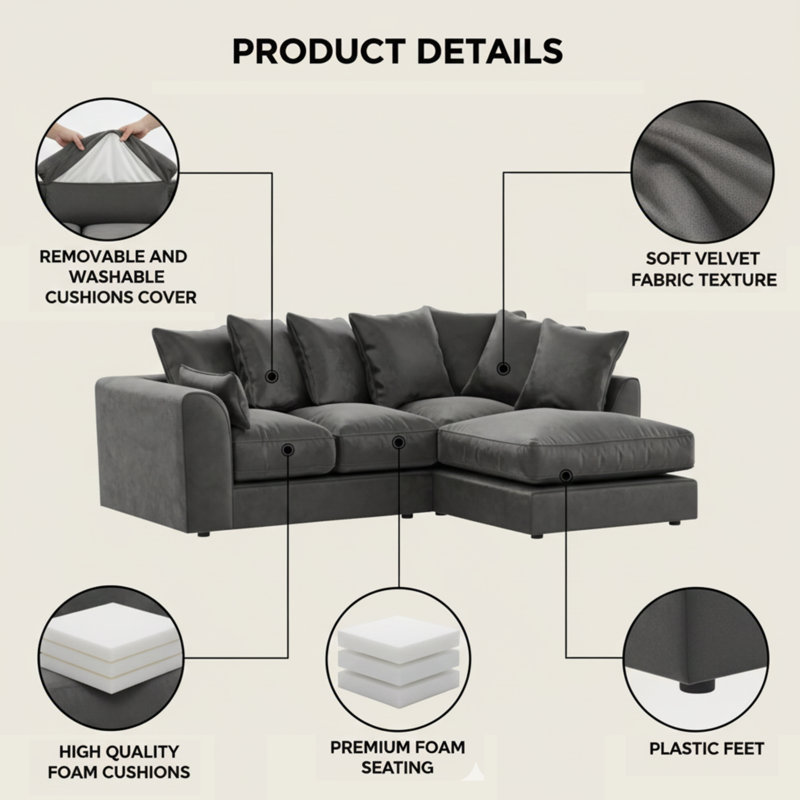 4 Seater Velvet Sofa & Chaise, Right, Grey