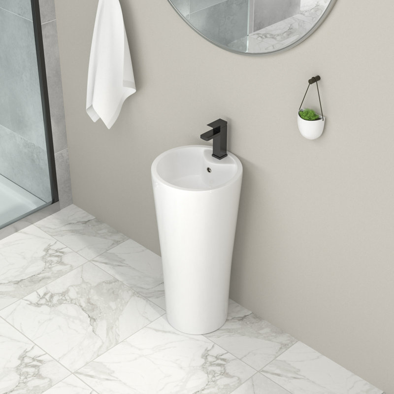 32.5" Tall 15" Ceramic Circular Pedestal Sink White Porcelain Oval Bathroom Sink With Overflow