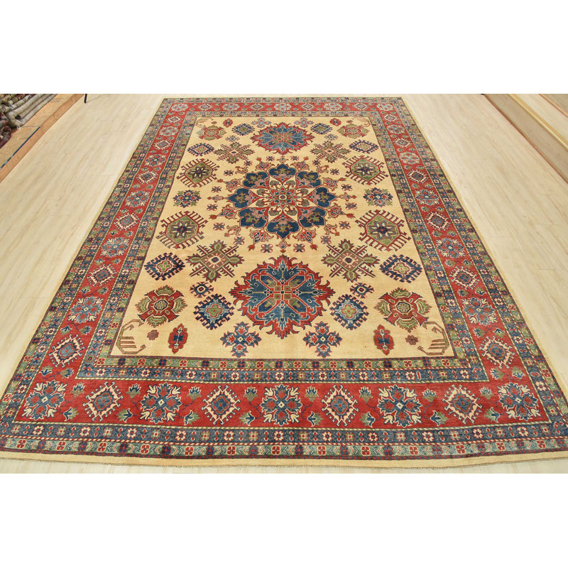 Tapis beige en laine noué à la main de conception unique 8 pi 11 po x 11 pi 8 po