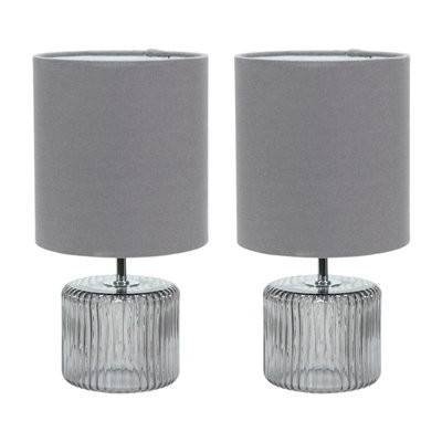 Rokiatou Pair of Grey Smoke Tinted Glass Table Lamps with Grey Lamp Shades and LED Bulbs