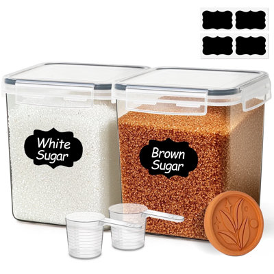 Airtight Sugar Storage Containers Set with Terra Cotta Sugar Saver & Measuring Scoops & Labels for Flour and Baking(2 Pack2.6Qt)