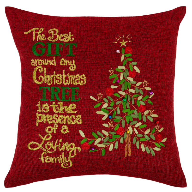 Red Embroidered Christmas Tree Polyester Throw Pillow