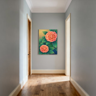 Roses roses et feuilles vertes, ensemble de 1 reproduction d'art sur toile tendue sur toile