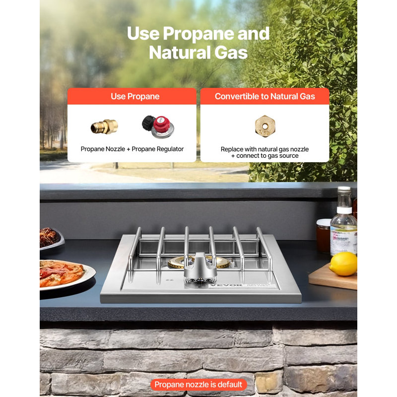 Single Grilling Side Burner, 15,000BTU Liquid Propane Side Burner for Outdoor Kitchen, Convertible to Natural Gas, 304 Stainless Steel Built-in Single Grill Burners for BBQ Grill Island