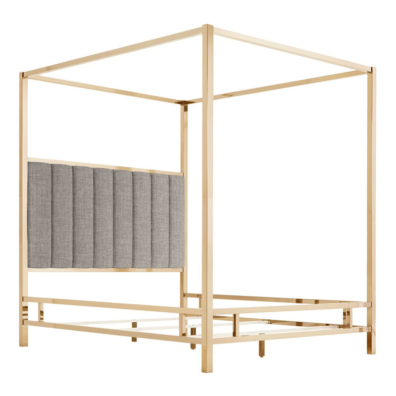 Upholstered Metal Canopy Bed, Champagne Gold/Gray, Full