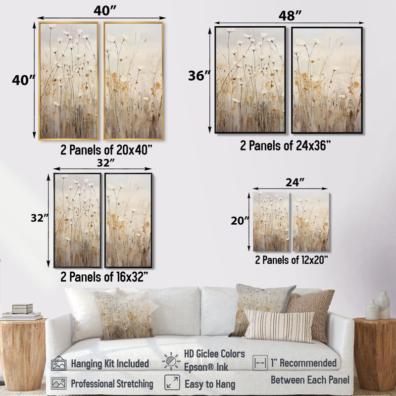Décoration florale beige et fleurs sauvages - Décoration murale beige, H 32 po x l 32 po, Impression encadrée flottante, Doré