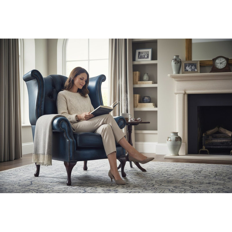 High Back Chesterfield Upholstered Wingback Chair, Antique Blue