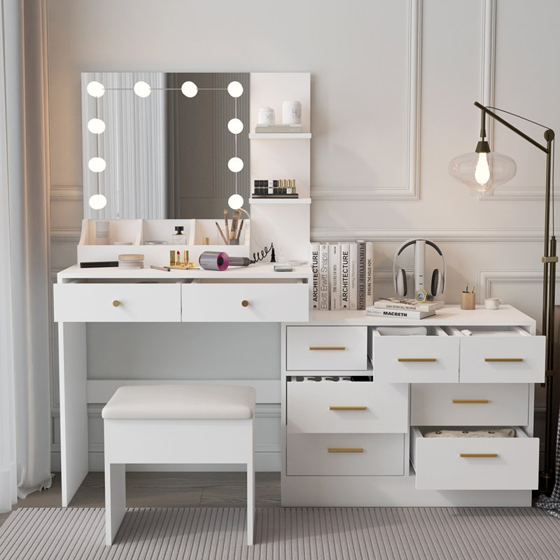 Coiffeuse de maquillage avec lumières, station de charge et miroir, Doré, Blanc