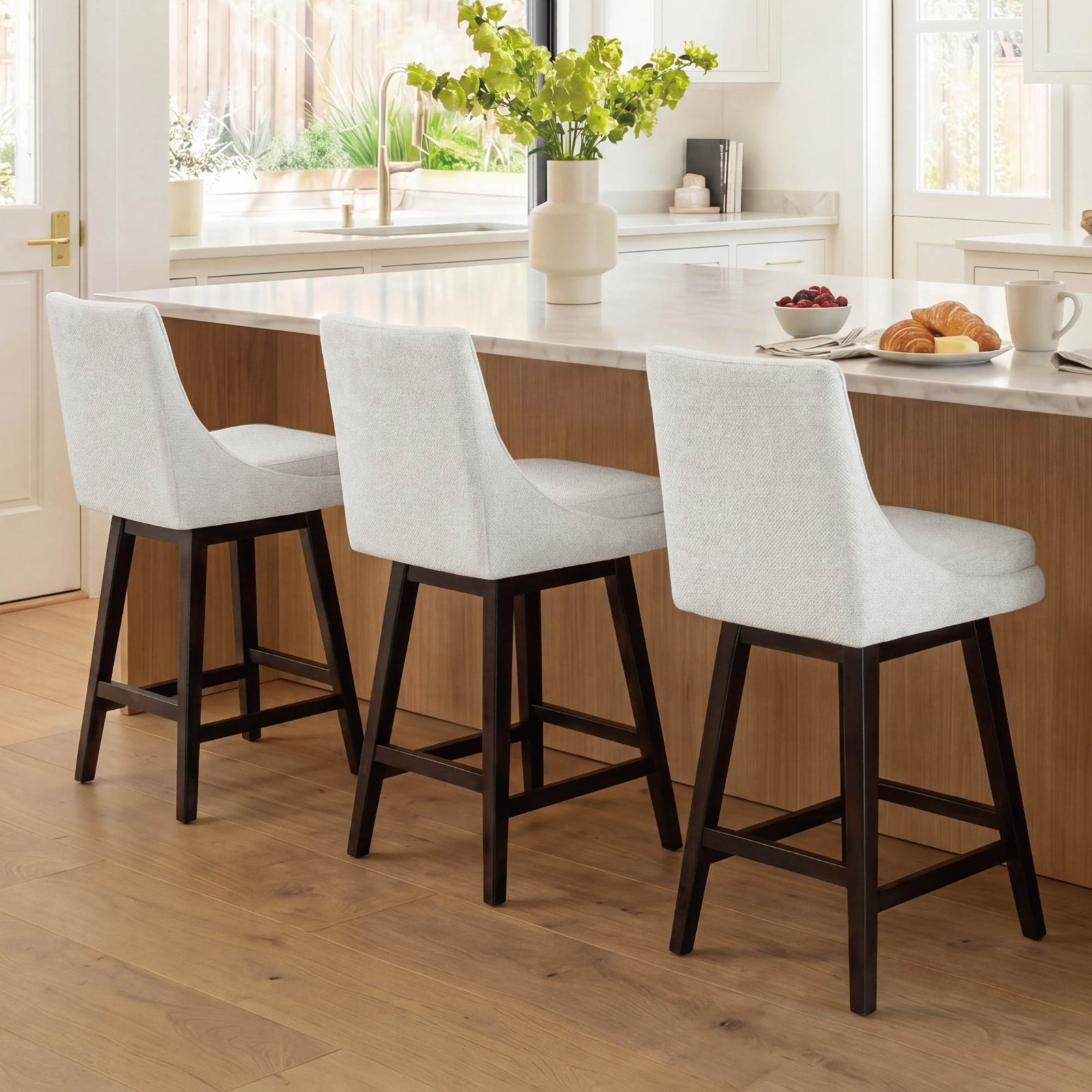 Zahara Swivel Bar and Counter Stool, Counter Stool (26” Seat Height), White Polyester/Brown