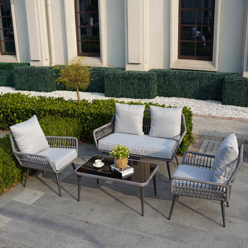 4 - Person Patio Wicker Conversation Sets With Gray Cushions