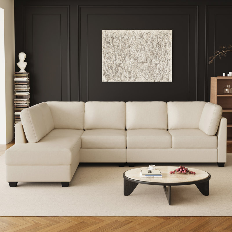 Faux Leather L-Shaped Modular Sectional Sofa, Beige Faux Leather, Left Hand Facing