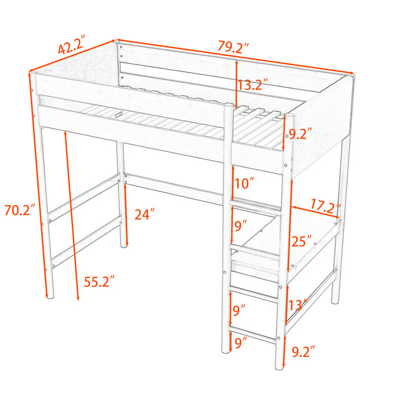 Twin Wooden Loft Bed With Built-In-Desk