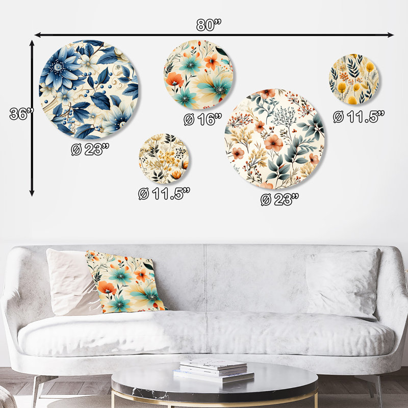Kamelia - Ensemble d'art mural floral bohémien rond de 5