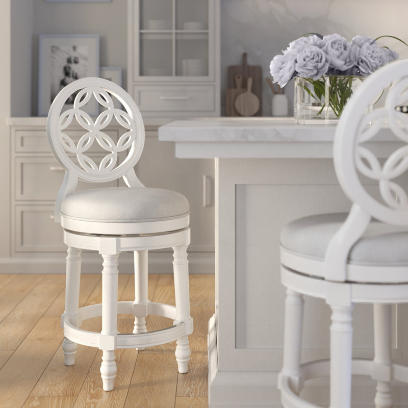 26" Wood Counter-Height Bar Stool With Back And Swivel Upholstered Seat, Farmhouse White, 1Pc