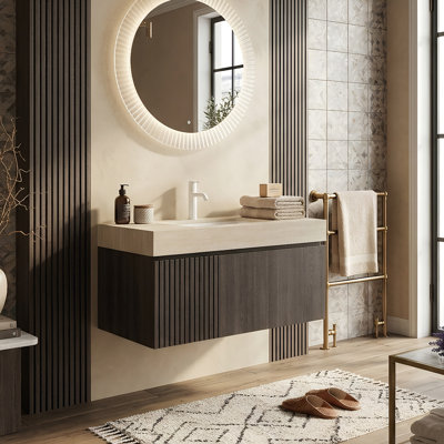 Meuble-lavabo flottant 30/36/48 po avec plateau en pierre frittée Roma Travertine, armoire en contreplaqué avec tiroir 3D texturé et porte à fermeture en douceur, espresso