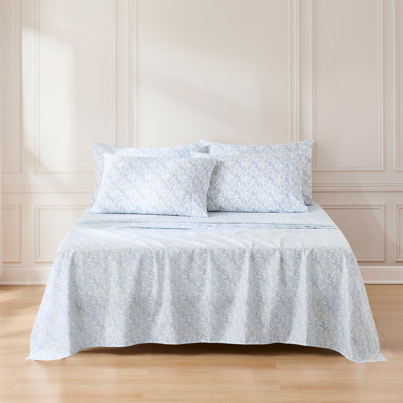 Botanical Leaf and Floral Blue Sheet Set, Queen Sheet Set with 5 Additional Pieces