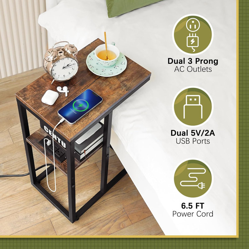 Leelo Shaped End Table with Charging Station for Living Room, Bedroom, Sofa Table with USB Ports and Outlets for Small Spaces, C Couch Rustic Snack Bed Table