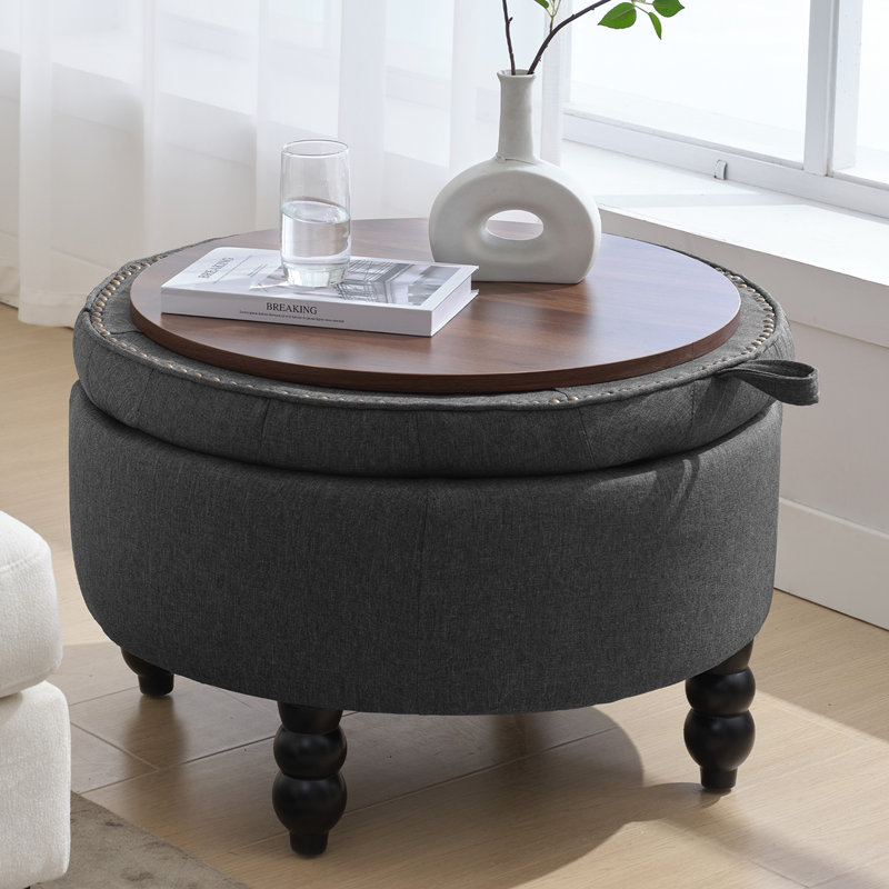 30''  Wide Upholstered Tufted Round Storage Ottoman for Living Room, Dark Gray
