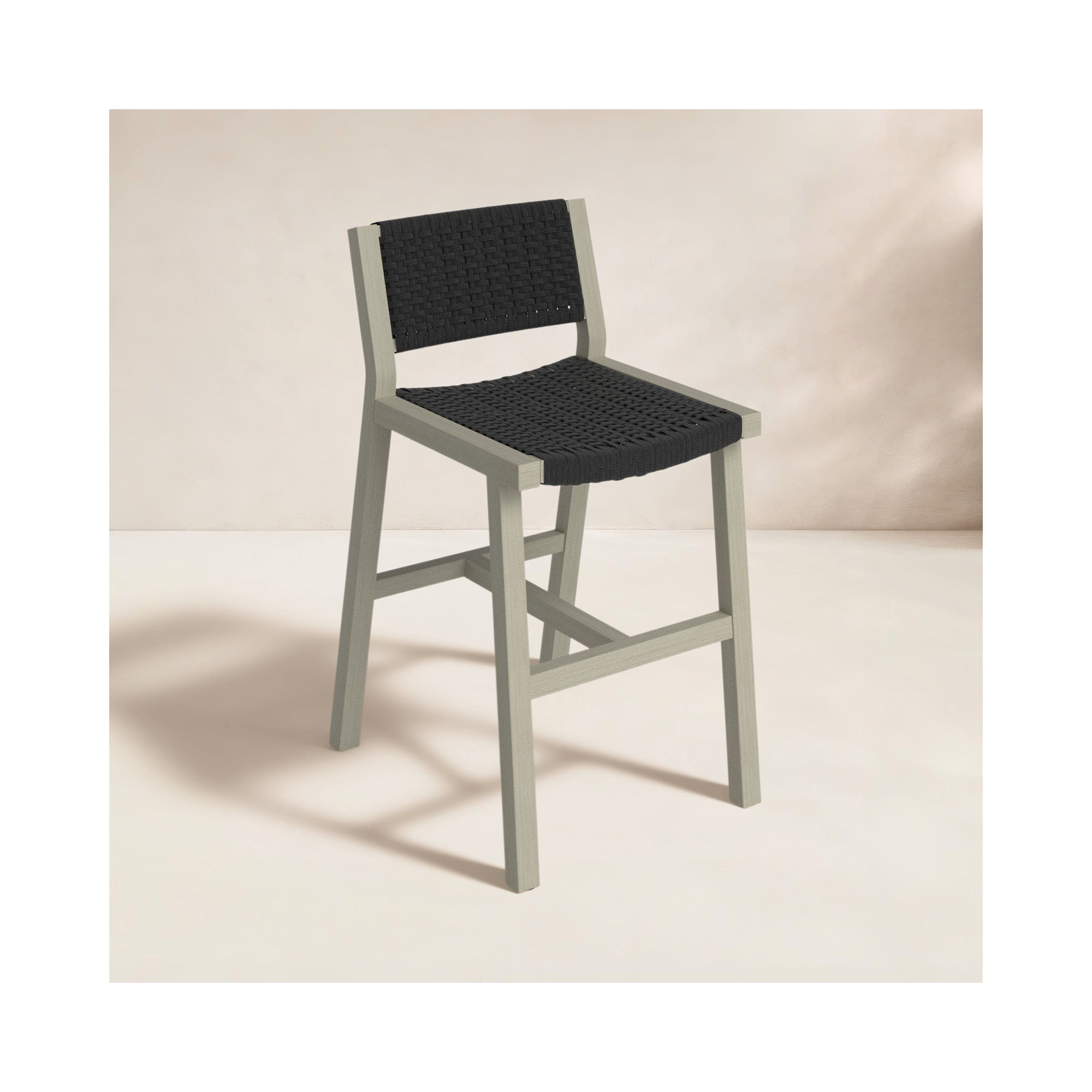 Shea Teak Outdoor Bar Stool, Dark Gray, Dark Gray Rope, Counter Stool (26" Seat Height)