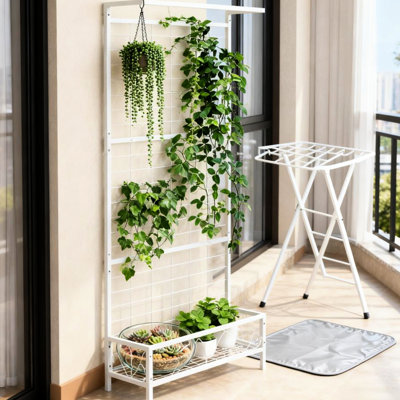Grand support à plante en métal blanc avec treillis et barre de suspension pour la décoration intérieure et extérieure, jardinage vertical de 74 po, support de pots multiples, structure thermolaquée