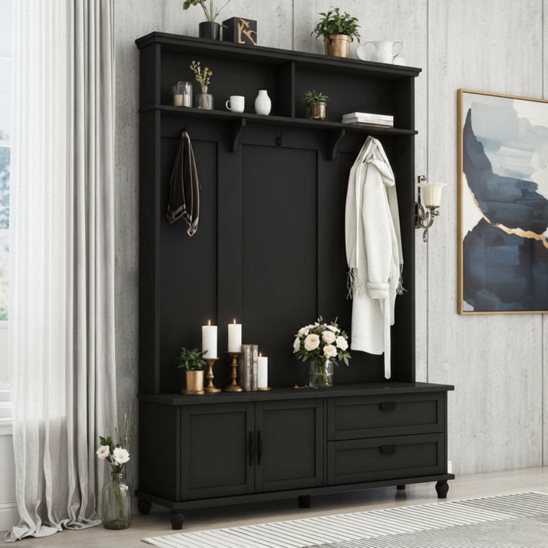 A Modern Black Hall Tree With Integrated Storage And 2 Large Drawers And An Extra-wide Mudroom Bench With 5 Coat Hooks Combines Practicality With Style.