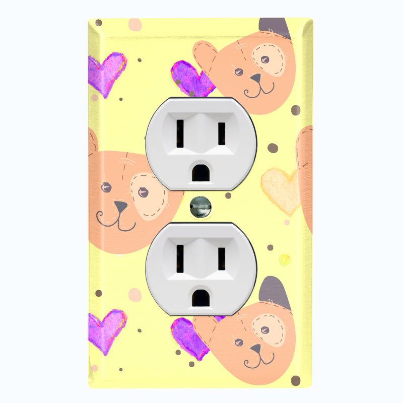 Teddy Bears Pink Hearts Yellow Patterned 1 - Gang Duplex Outlet Standard Wall Plate