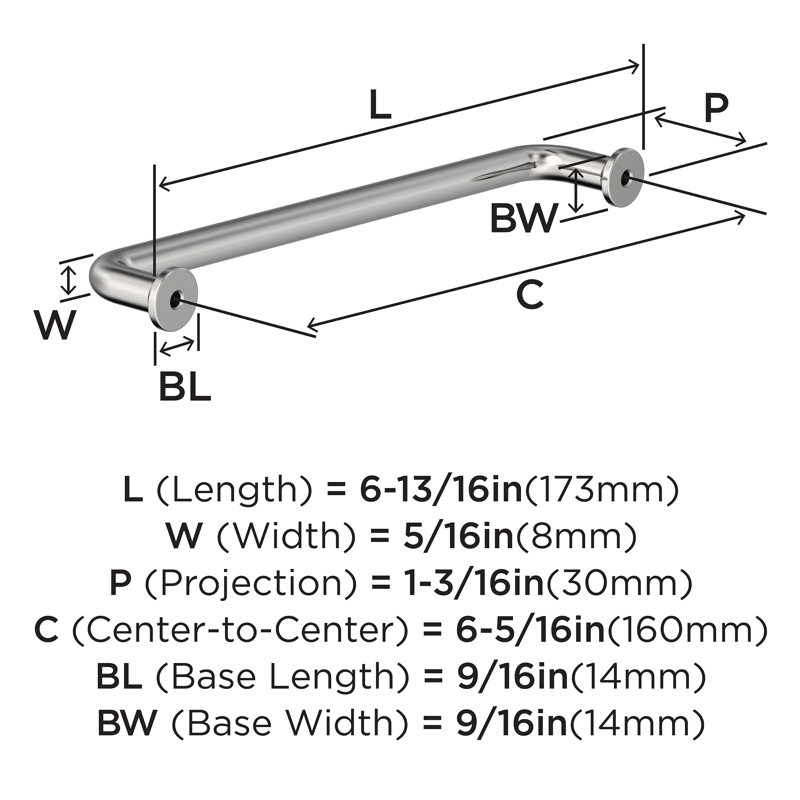 Factor 6-5/16 inch (160mm) Center-to-Center Polished Chrome Cabinet Pull, Polished Chrome, 6 5/16"
