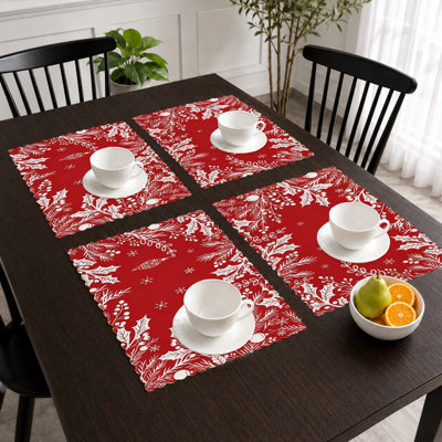 Christmas Placemats Set of 4 - Heat-Resistant Table Mats, for Indoor & Outdoor Dining,Red White Holly Border