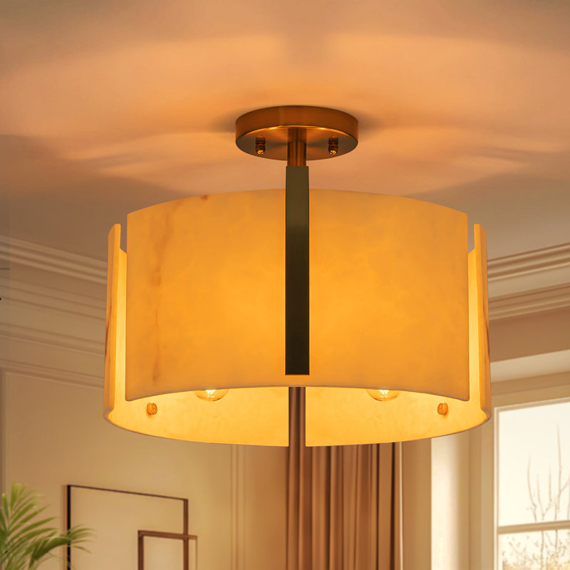 3-light Natural Alabaster Semi Flush Mount With Unique Texture, Gold