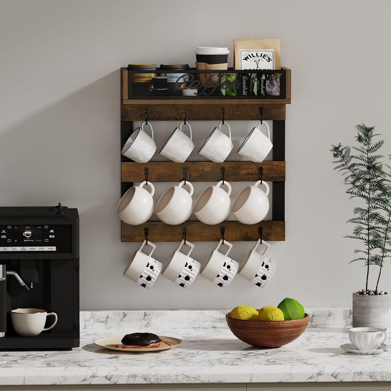 Porte-tasse à café avec 12 crochets, porte-tasse à café fixé au mur avec tablette supérieure
