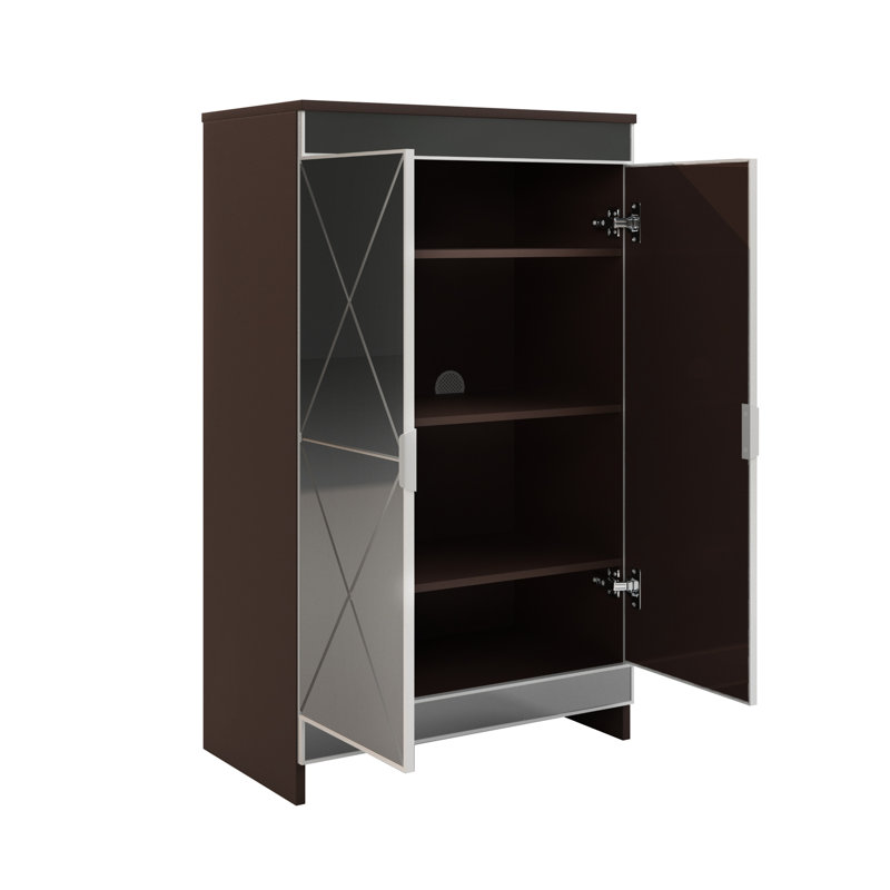 Modern Double Door Mirrored Shoe Cabinet - Brown, Frosted Glass, Silver Accents For Entryway Storage Edging
