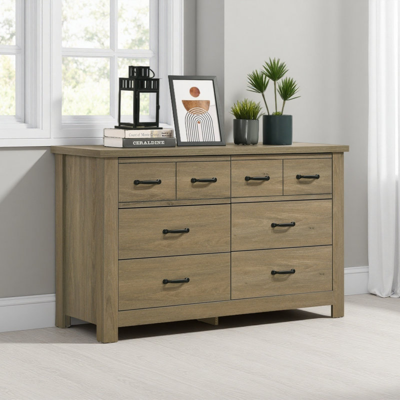 Commode 51 po en chêne gris avec 6 tiroirs et poignées noires, Marron clair