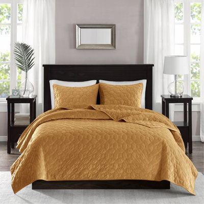 3 Piece Velvet Quilt Set Mustard Full/Queen