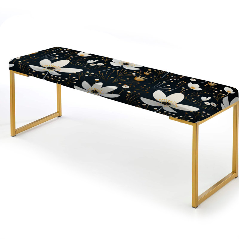Mystic White And Black Splendor Gardens - Floral Upholstered Gold Bench