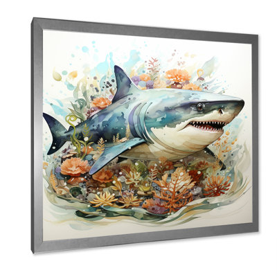 «Curious Shark Ocean Blooms I» - art mural requin