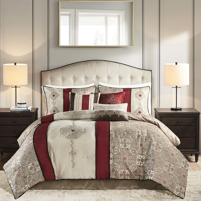 Queen Size Comforter - Red With 100% Shell Decorative Pillows & Platform, Queen Comforter + 6 Additional Pieces, Red