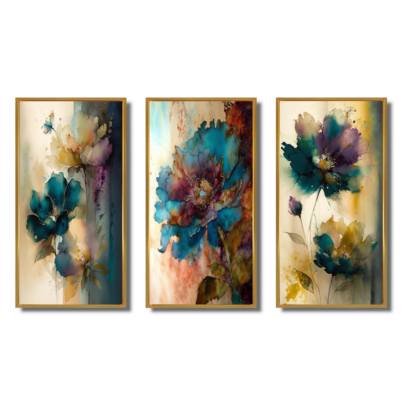 «Blossoming Wildflowers Delicate Retro Watercolor», 3 pièces sur toile, Cadre flottant doré, H 28 po x l 36 po