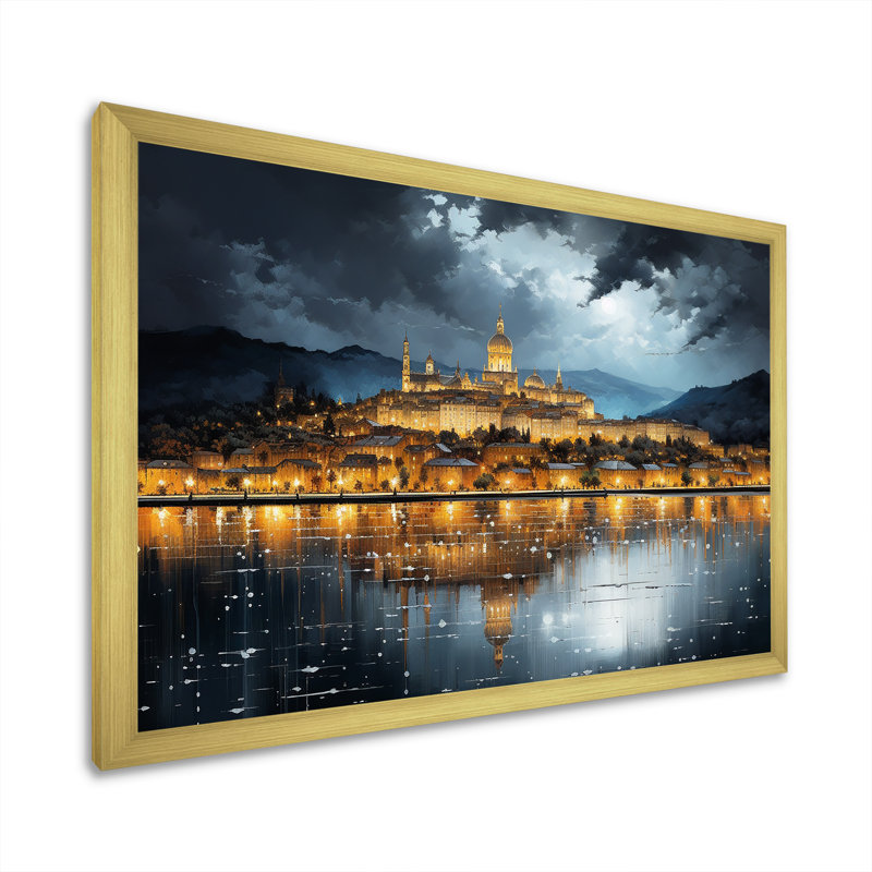 Ville française de Lyon, paysage sur toile, Cadre doré simple, H 30 po x l 40 po x P 1,5 po