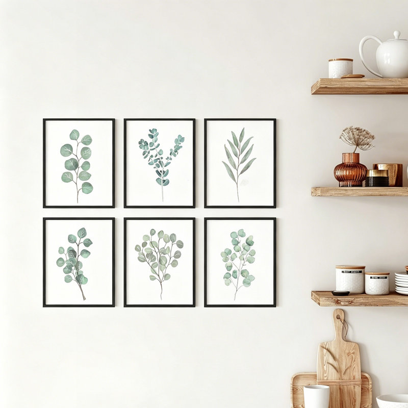 Watercolor Eucalyptus Botanical Wall Decor, Set Of 6 Black Framed, 8"x 10", For Bathroom & Bedroom