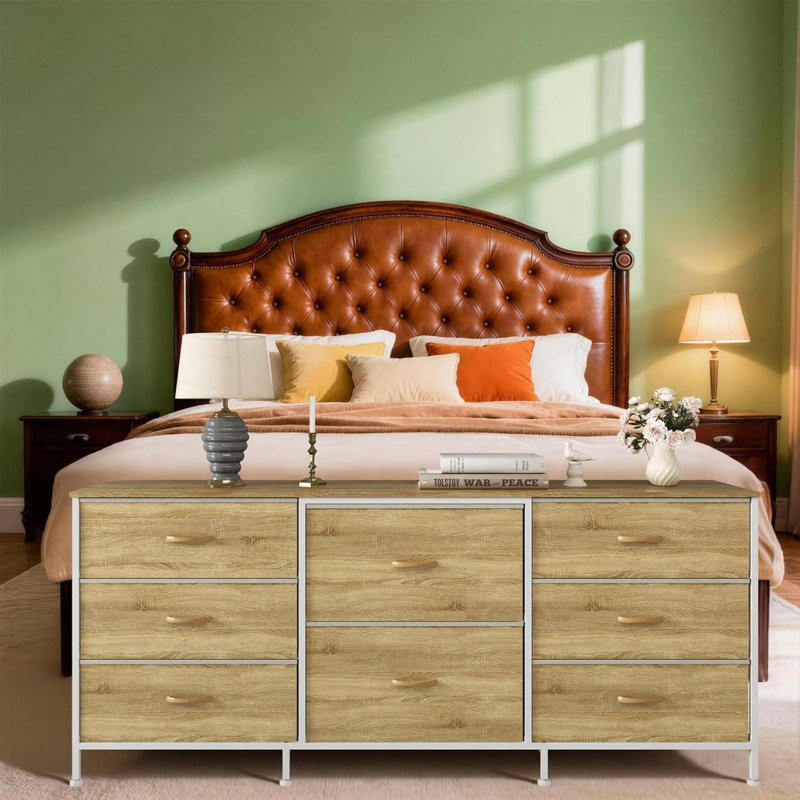 Meuble télé 8 tiroirs, commode en tissu, Jaune