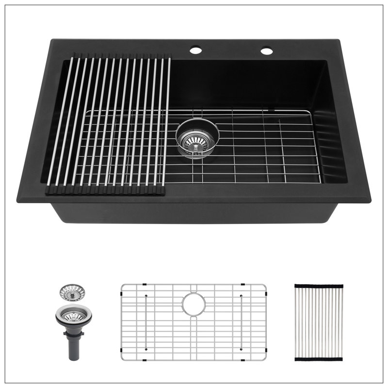 Évier de cuisine en quartz - Évier de cuisine encastré en granite noir 33 x 22 po