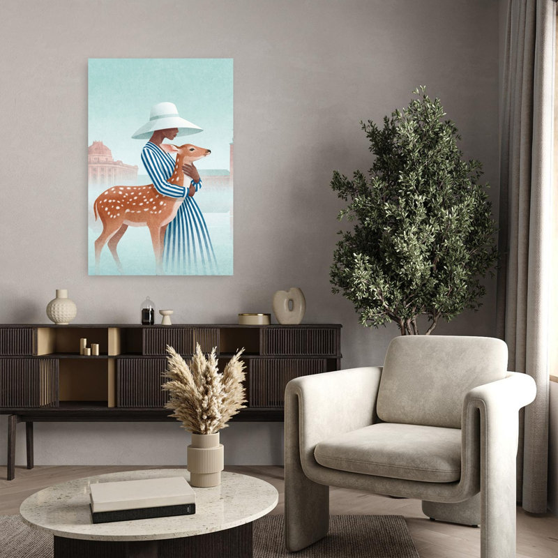 «Elegant Woman and Fawn Elegant Serene Abstract Deer City Architecture», reproduction d'art murale, 36" H x 24" W