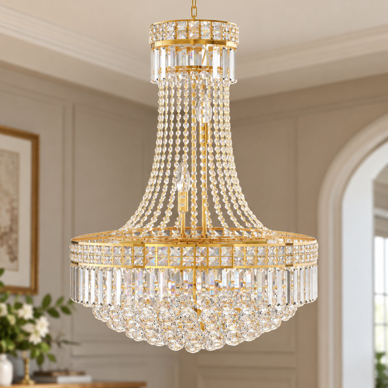 24 Inch Gold Six Tier Crystal Empire Chandelier with Cascading Beads for Grand Living Dining and Foyer Ambiance