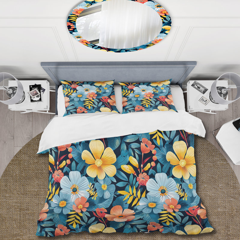 Ensemble de housse de couette jaune bleu tropical Tropical Blooms II - Midcentury