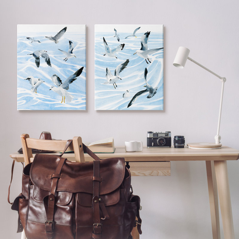 Mouettes en vol, vagues bleues océaniques, Toile tendue, H 30 po x l 24 po