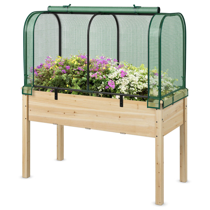 Wood Raised Garden Bed With Greenhouse Cover Mini Portable Greenhouse Kit, Green/Beige