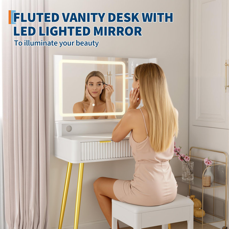 Dressing Table with Mirror, White/Yellow