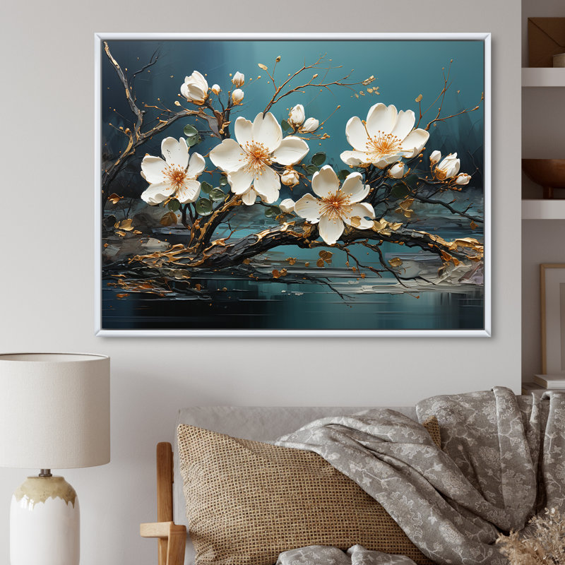 «White and Gold Charming Spring Flower Elegance I», art mural fleurs, Cadre flottant blanc, H 16 po x l 32 po x P 1 po