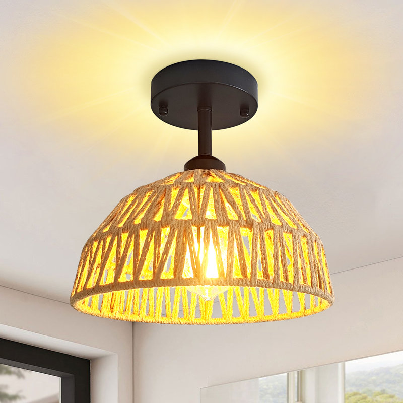 Semi Flush Mount Rattan Ceiling Light, Hand-woven Boho Farmhouse Wicker Chandelier For Kitchen Bedroom Hallway