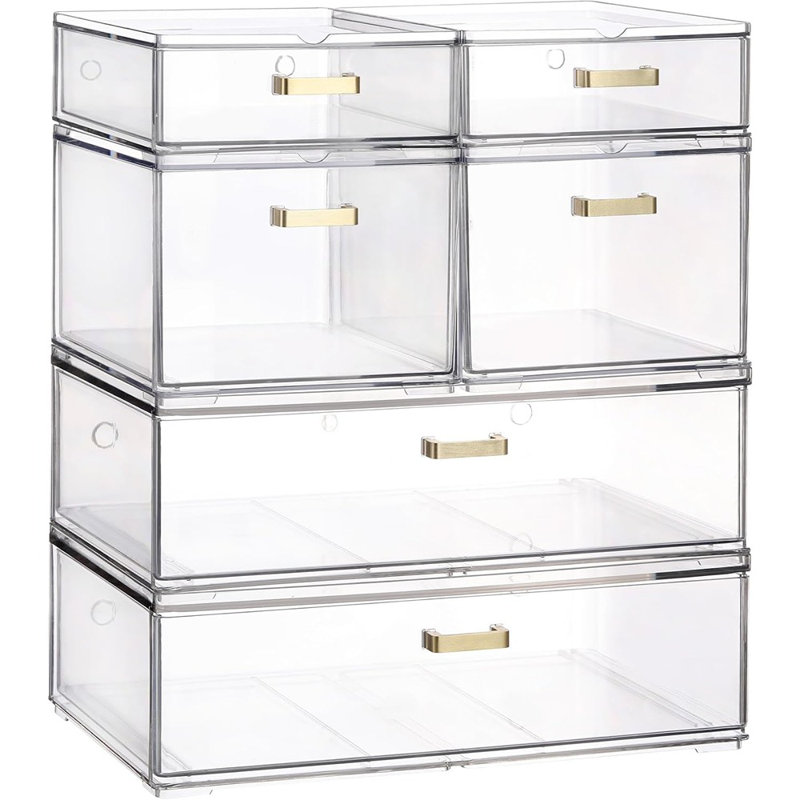 6-Pack Stackable Clear Acrylic Storage Drawers With Gold Handles, Multi-Size Organizer Bins For Makeup, Vanity, Kitchen, Bathroom, Office, Or Under-Sink Cabinets